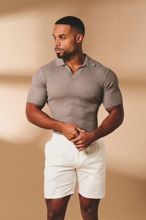 Fine Cable Knitted Open Collar Polo Shirt in Mocha Marl