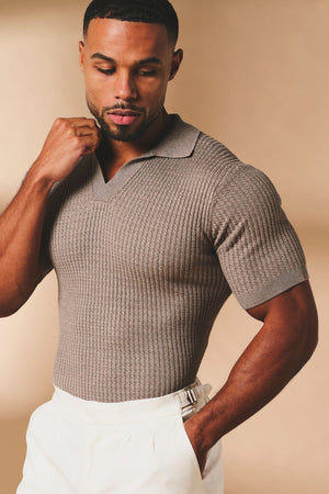 Fine Cable Knitted Open Collar Polo Shirt in Mocha Marl