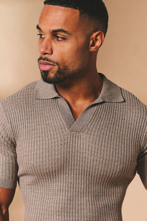 Fine Cable Knitted Open Collar Polo Shirt in Mocha Marl