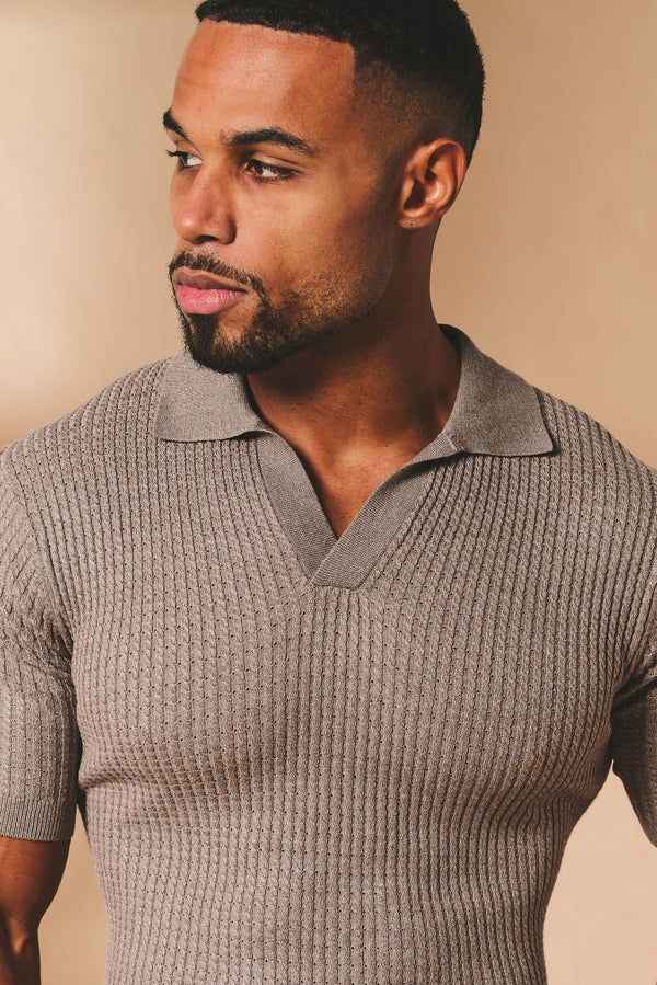 Fine Cable Knitted Open Collar Polo Shirt in Mocha Marl