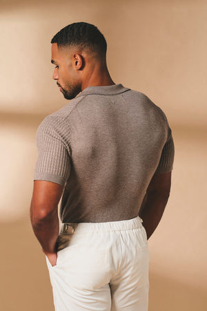 Fine Cable Knitted Open Collar Polo Shirt in Mocha Marl