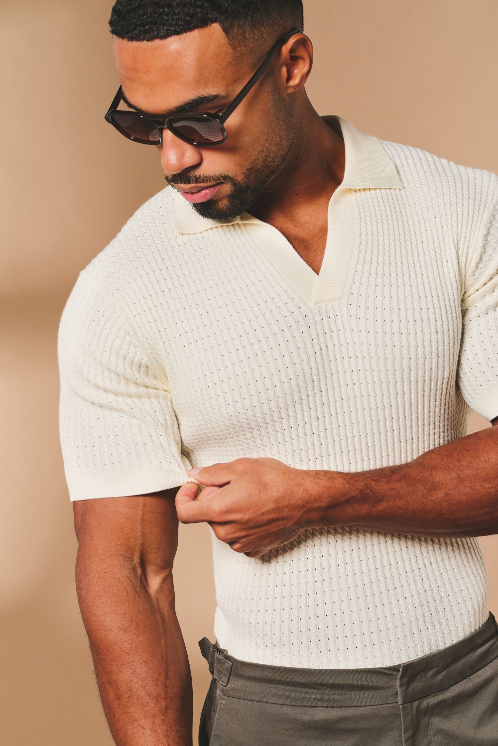 Vertical Stripe Knitted Open Collar Polo Shirt in Stone