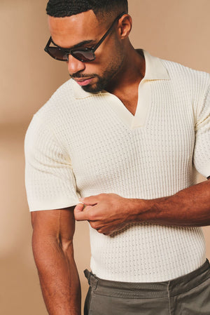 Vertical Stripe Knitted Open Collar Polo Shirt in Stone