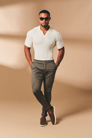 Vertical Stripe Knitted Open Collar Polo Shirt in Stone