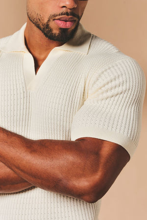 Vertical Stripe Knitted Open Collar Polo Shirt in Stone