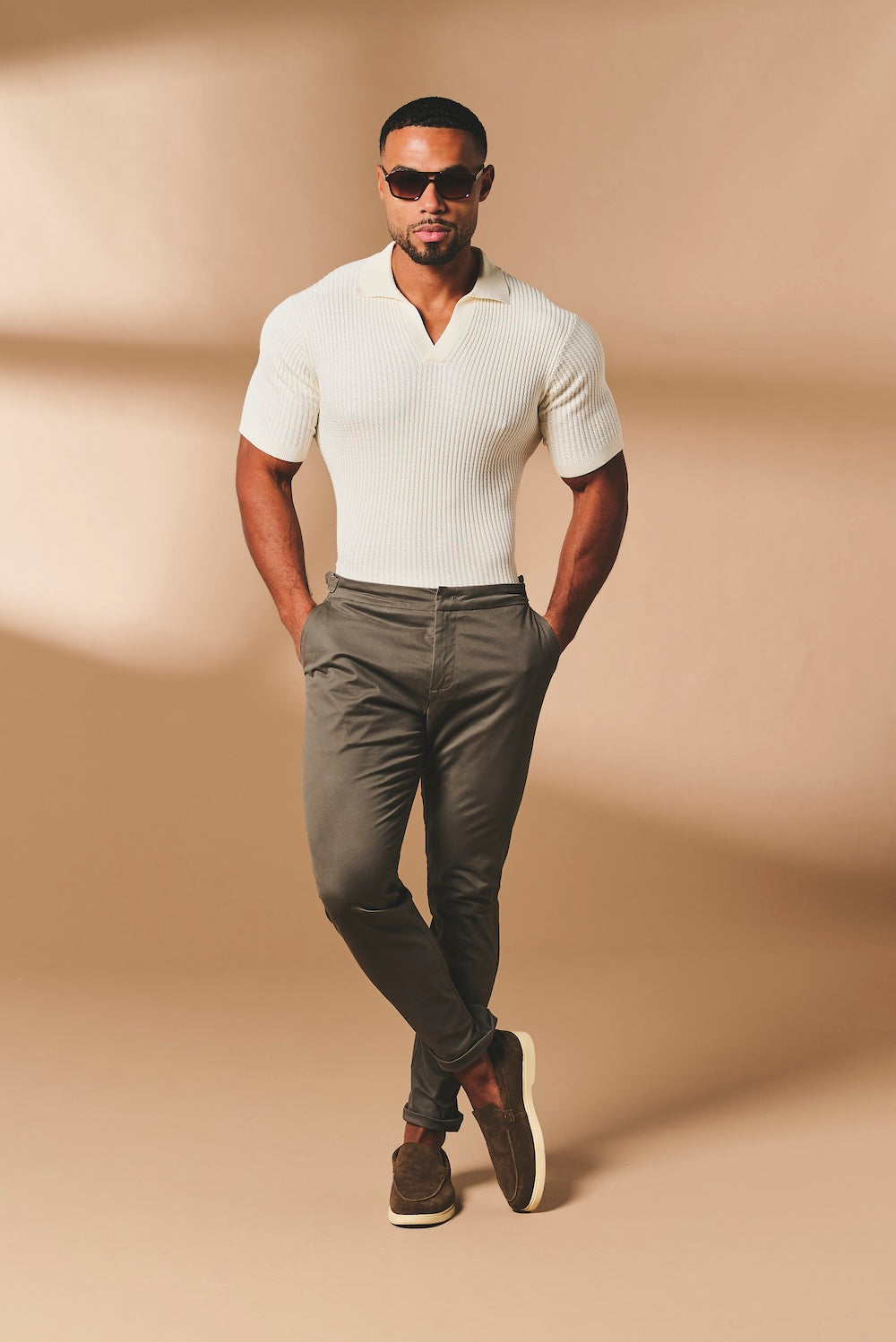 Fine Cable Knitted Open Collar Polo Shirt in Ecru