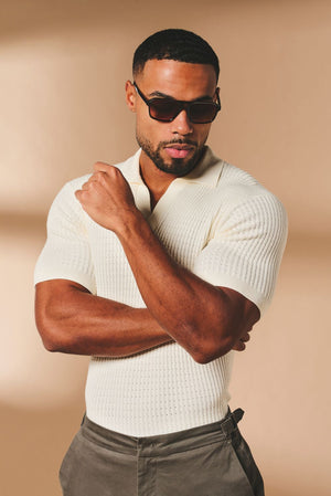 Vertical Stripe Knitted Open Collar Polo Shirt in Stone