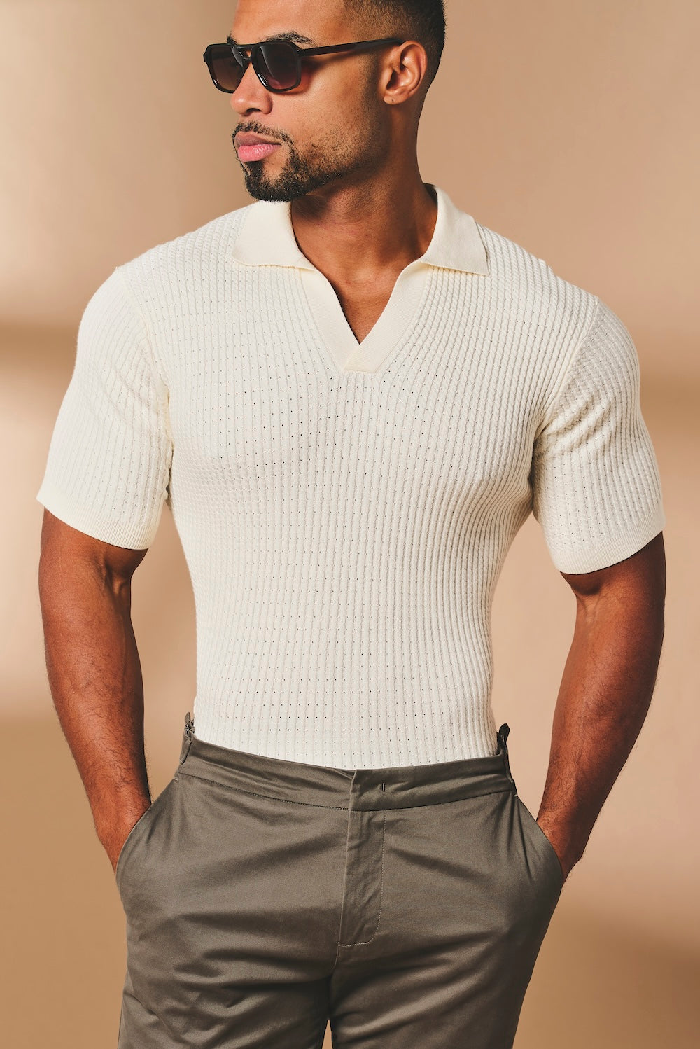 Fine Cable Knitted Open Collar Polo Shirt in Ecru