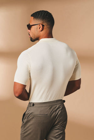 Vertical Stripe Knitted Open Collar Polo Shirt in Stone