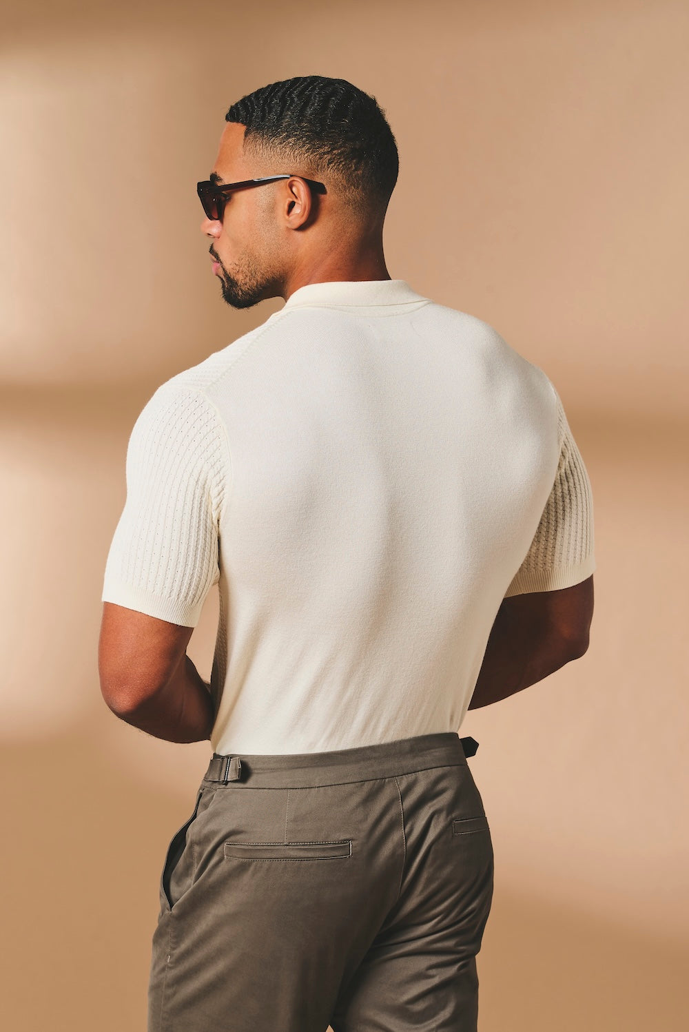 Fine Cable Knitted Open Collar Polo Shirt in Ecru