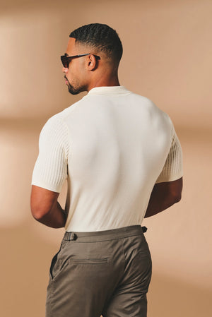 Fine Cable Knitted Open Collar Polo Shirt in Ecru