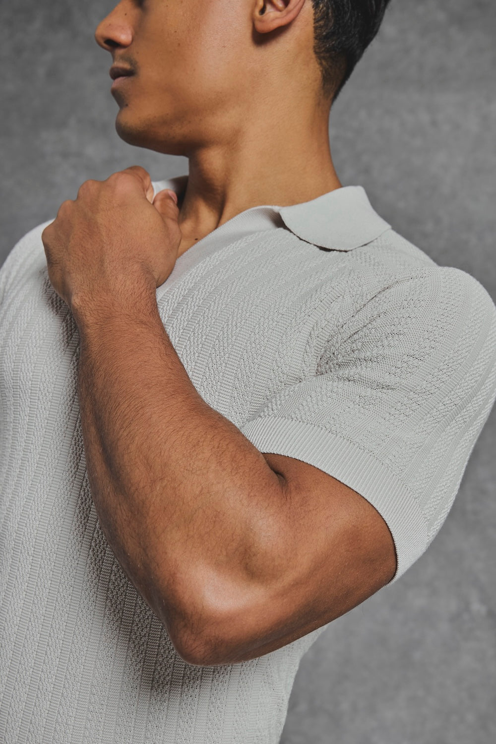 Vertical Stripe Knitted Open Collar Polo Shirt in Stone