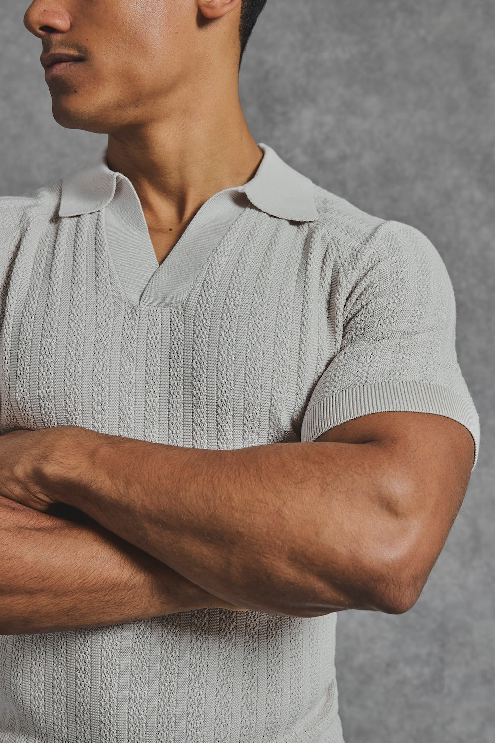 Vertical Stripe Knitted Open Collar Polo Shirt in Stone