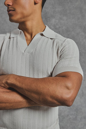 Vertical Stripe Knitted Open Collar Polo Shirt in Stone