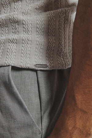 Vertical Stripe Knitted Open Collar Polo Shirt in Stone