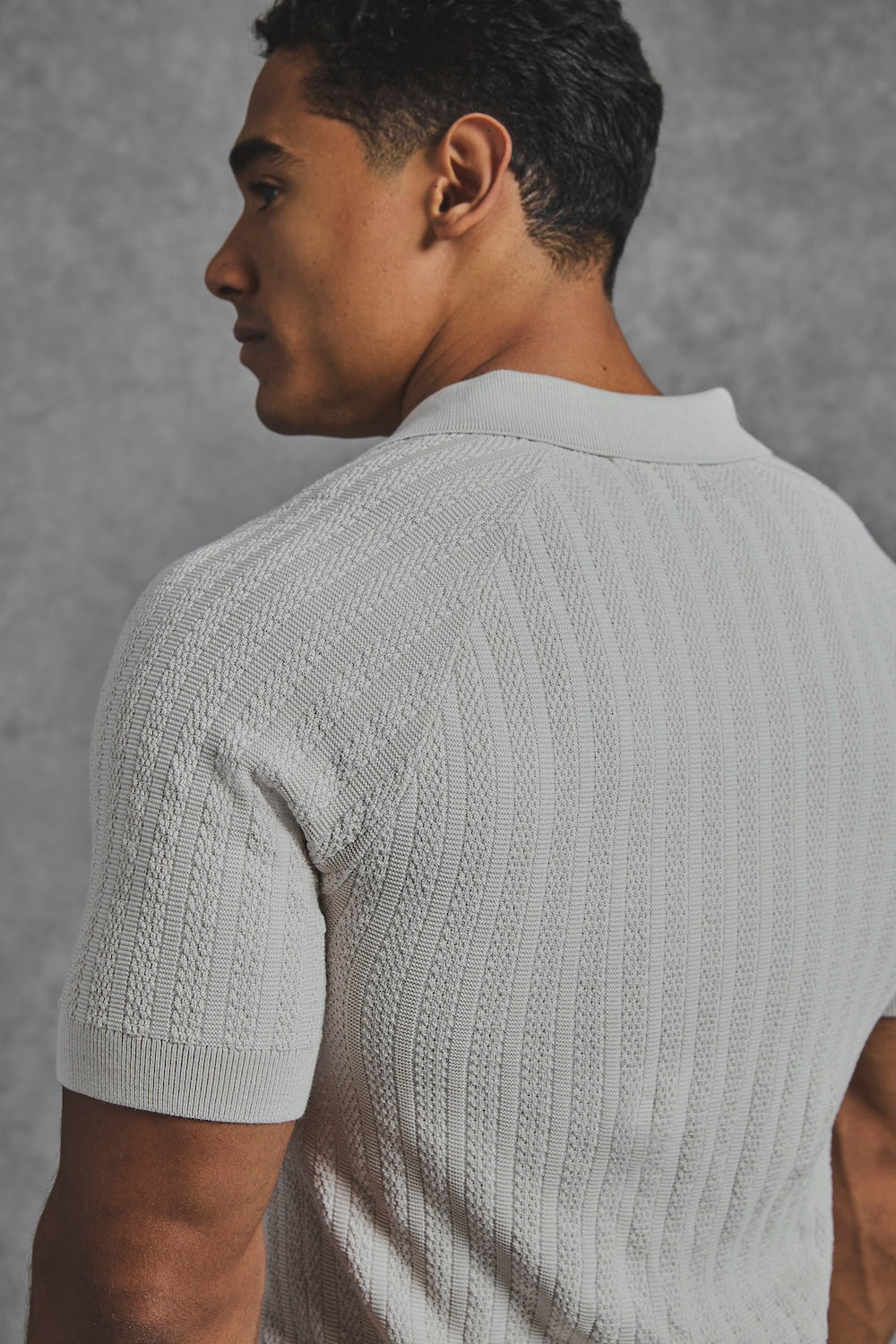 Vertical Stripe Knitted Open Collar Polo Shirt in Stone