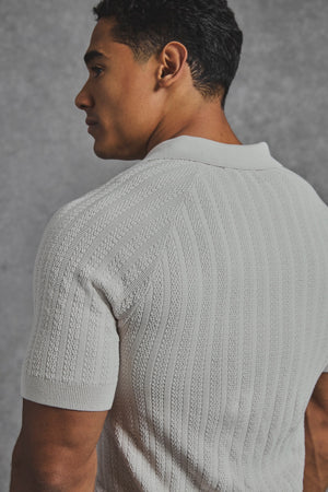 Vertical Stripe Knitted Open Collar Polo Shirt in Stone