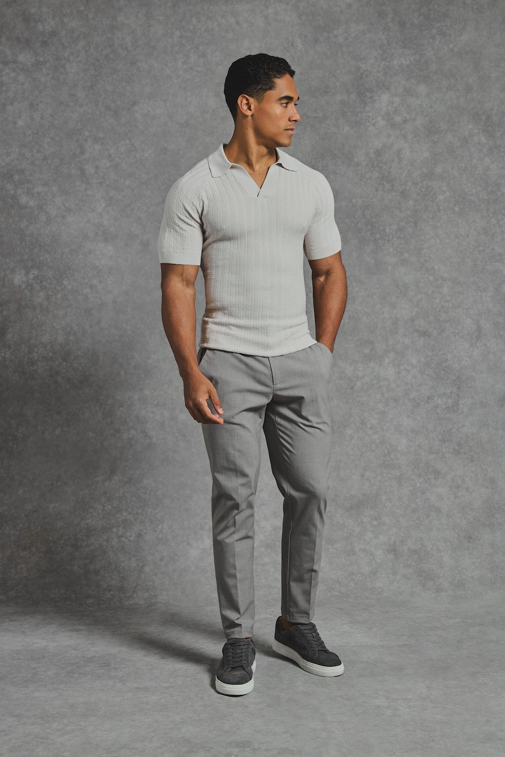 Vertical Stripe Knitted Open Collar Polo Shirt in Stone