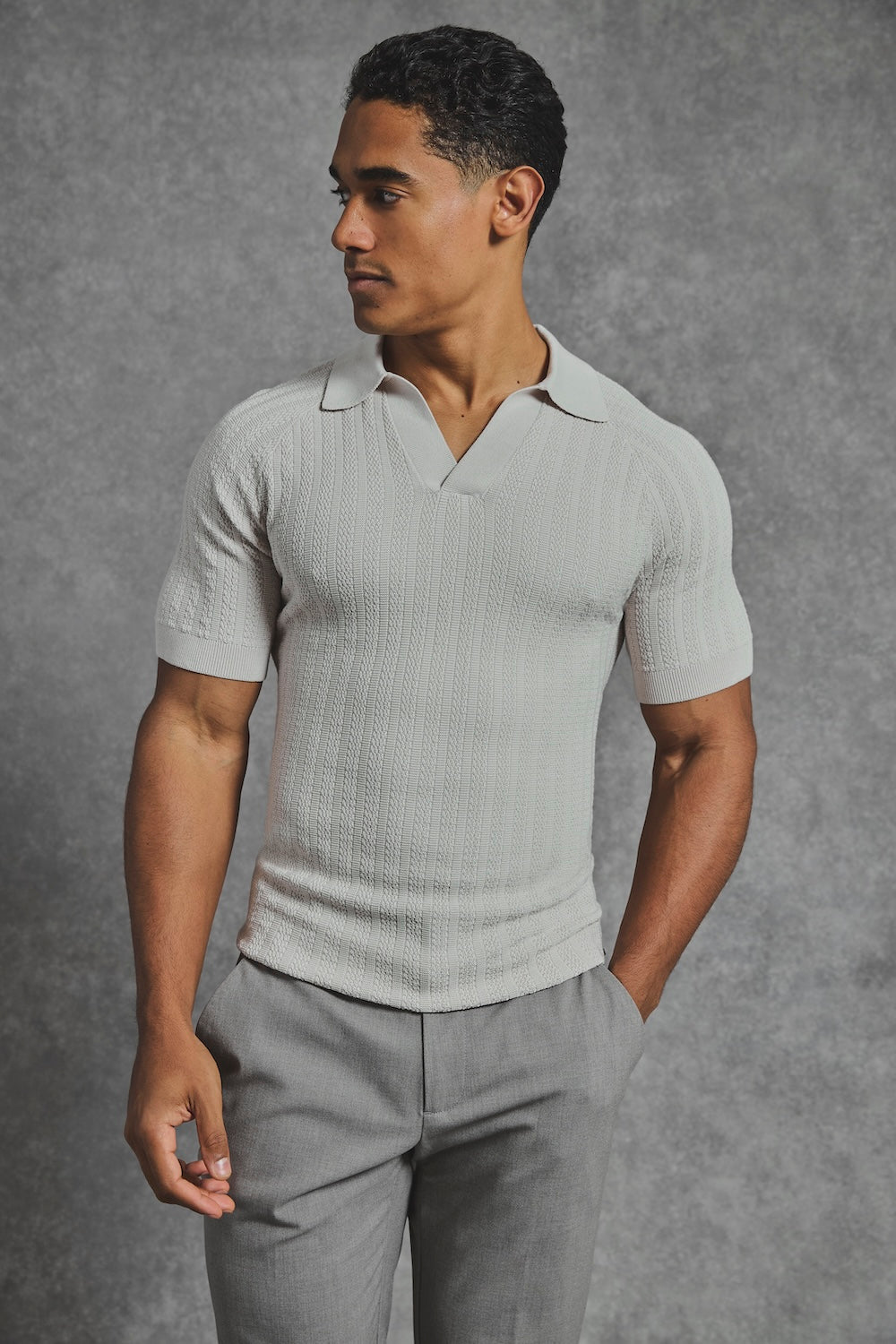 Vertical Stripe Knitted Open Collar Polo Shirt in Stone