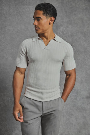 Vertical Stripe Knitted Open Collar Polo Shirt in Stone