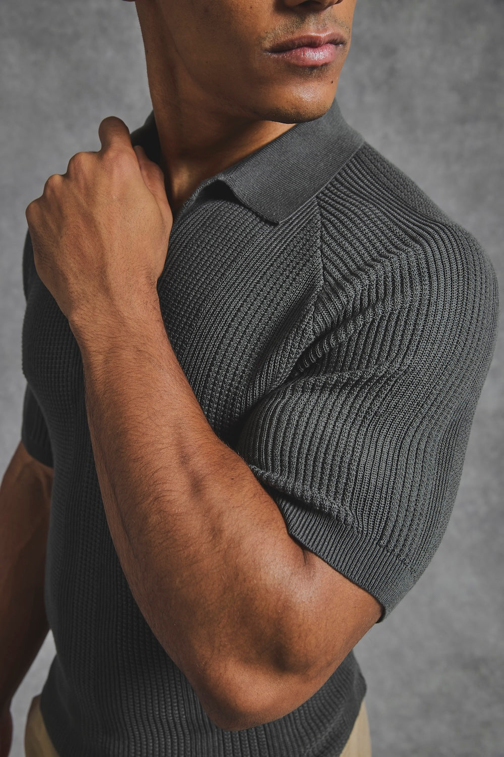 Vertical Stripe Knitted Polo Shirt in Khaki