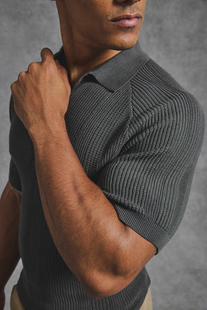 Vertical Stripe Knitted Polo Shirt in Khaki