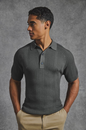 Vertical Stripe Knitted Polo Shirt in Khaki