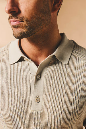 Vertical Stripe Knitted Polo Shirt in Stone