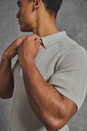 Vertical Stripe Knitted Polo Shirt in Stone