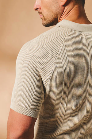Vertical Stripe Knitted Polo Shirt in Stone