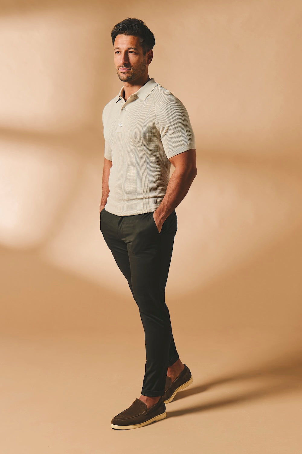 Vertical Stripe Knitted Polo Shirt in Stone