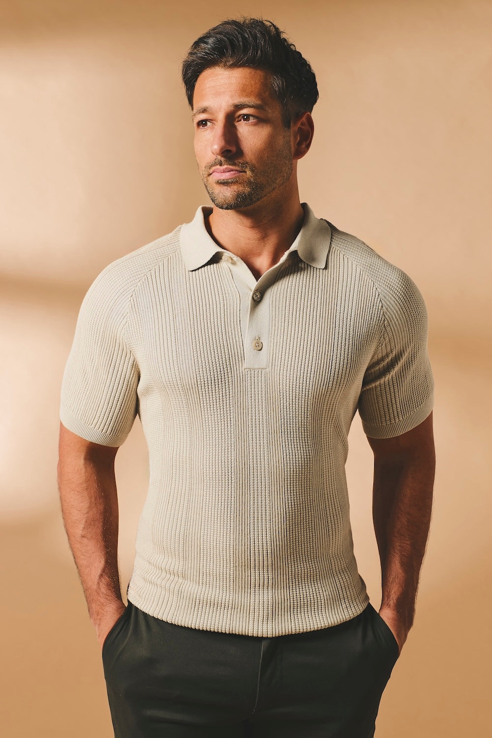 Vertical Stripe Knitted Polo Shirt in Stone