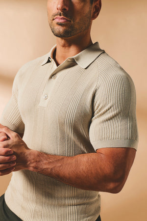 Vertical Stripe Knitted Polo Shirt in Stone