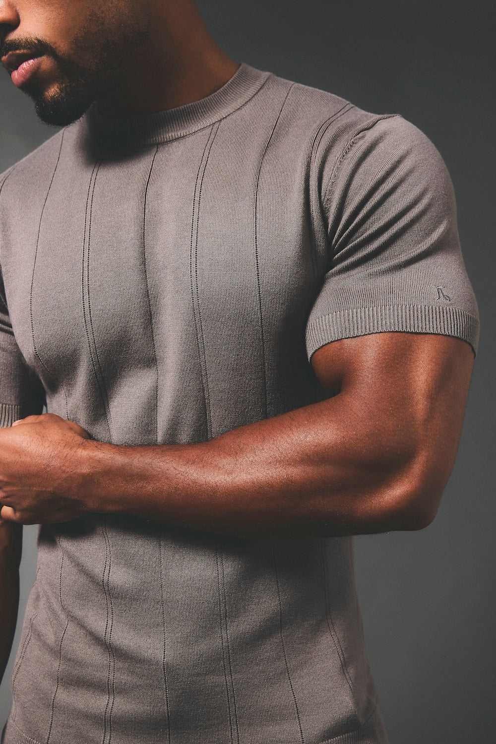 Vertical Stripe Knitted T-Shirt in Taupe