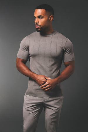 Vertical Stripe Knitted T-Shirt in Taupe