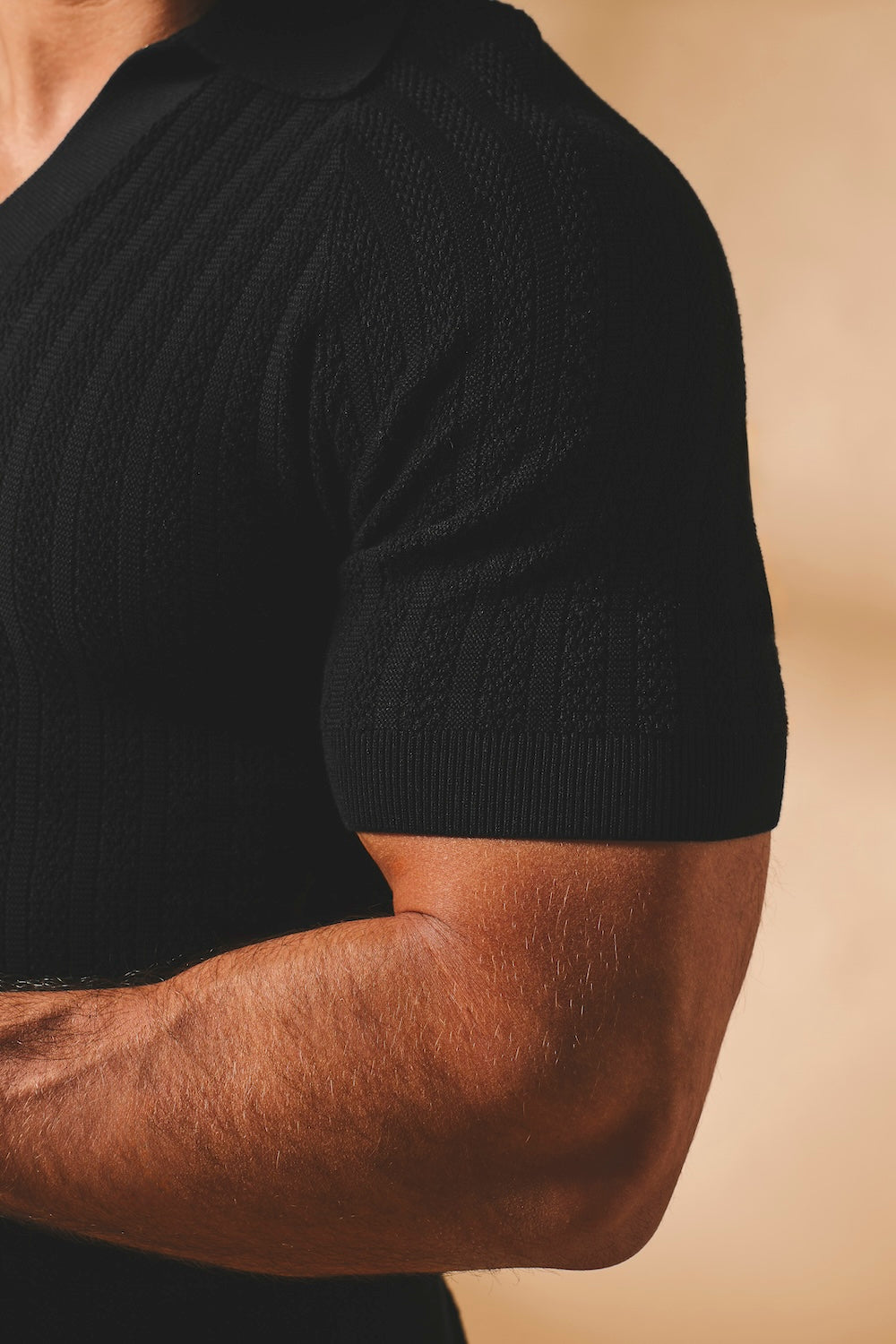 Vertical Stripe Knitted Open Collar Polo Shirt in Black