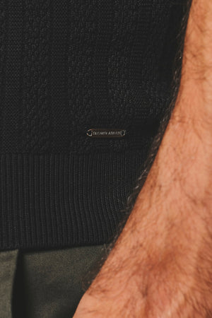 Vertical Stripe Knitted Open Collar Polo Shirt in Black