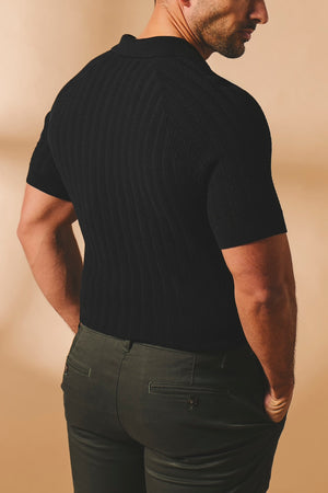 Vertical Stripe Knitted Open Collar Polo Shirt in Black