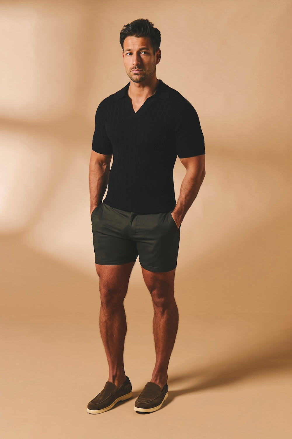 Vertical Stripe Knitted Open Collar Polo Shirt in Black