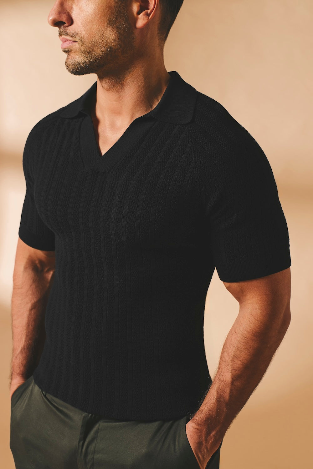 Vertical Stripe Knitted Open Collar Polo Shirt in Black