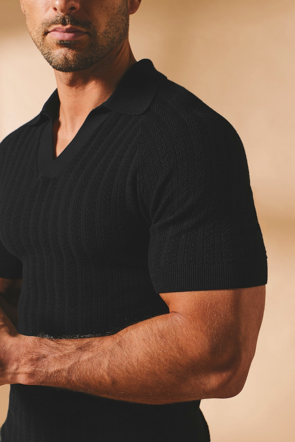 Vertical Stripe Knitted Open Collar Polo Shirt in Black