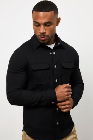Woven Popper Overshirt in Black