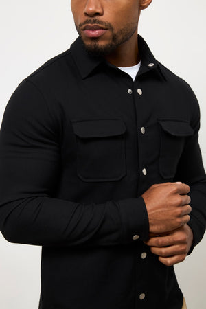 Woven Popper Overshirt in Black