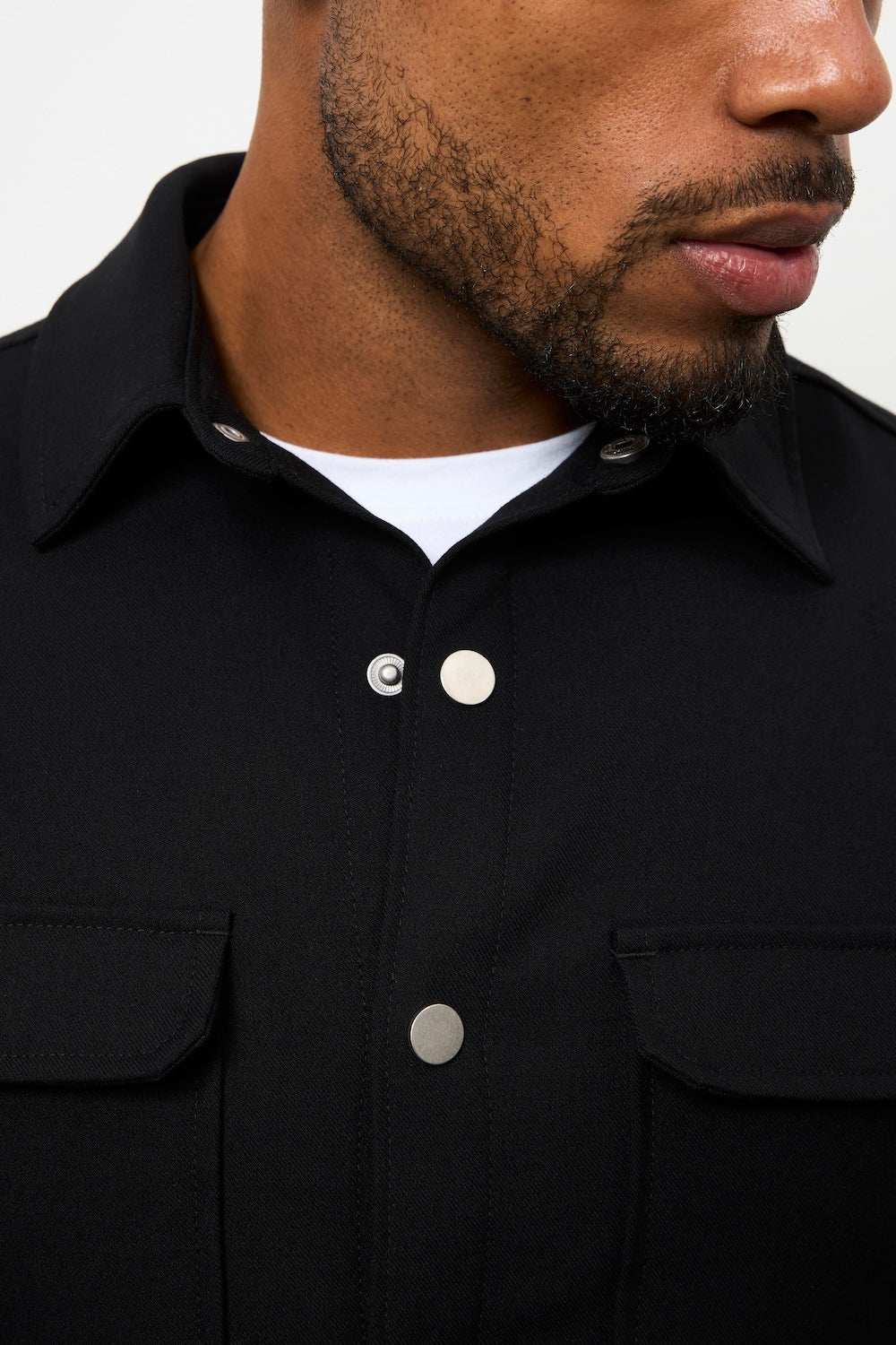 Woven Popper Overshirt in Black