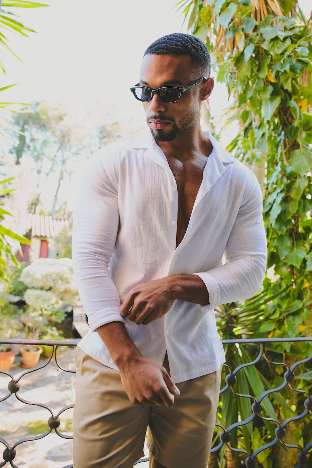 Stretch Linen Blend Cuban Collar Shirt in White