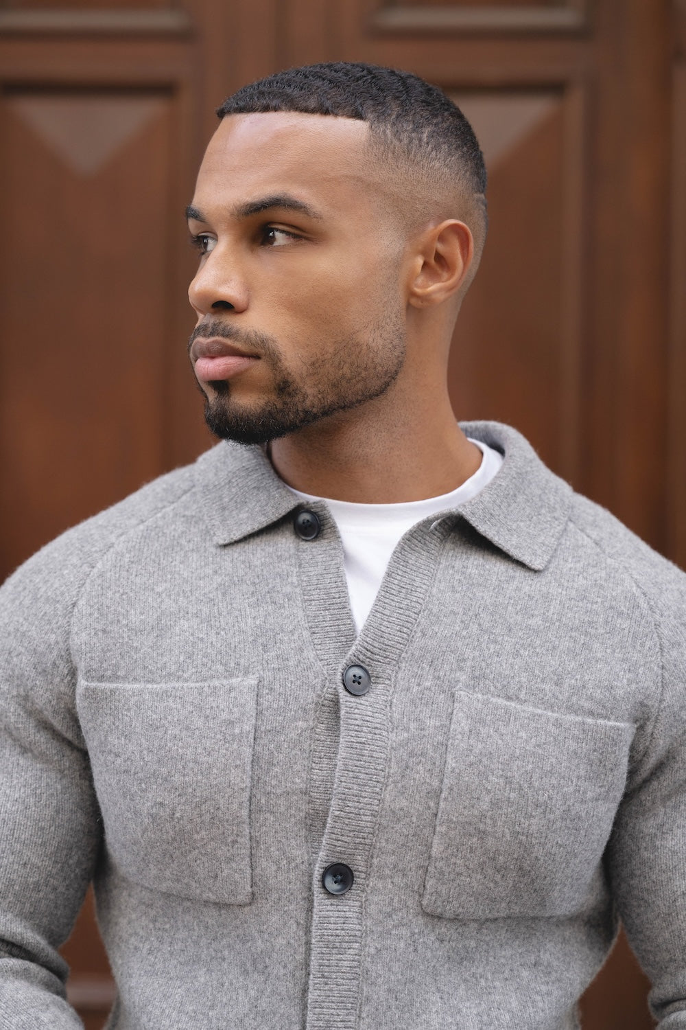 Wool Button Through Cardigan in Mid Grey Marl
