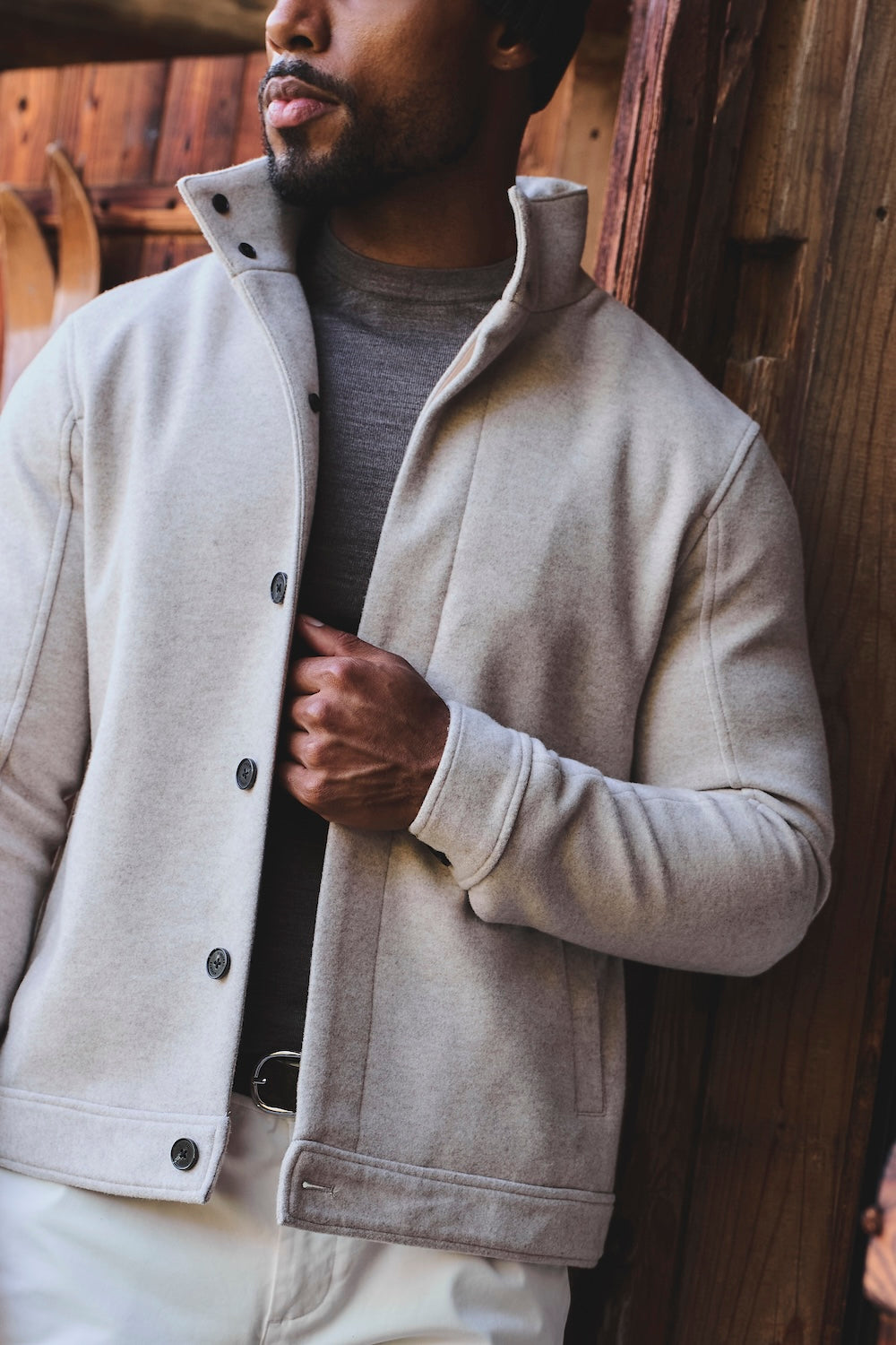Funnel Neck Short Jacket in Stone