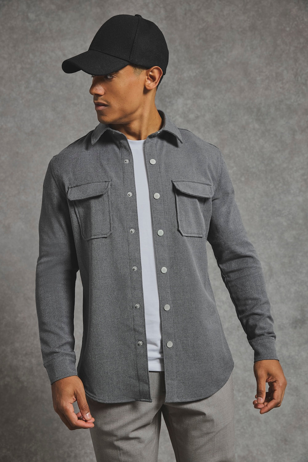 Woven Popper Overshirt in Grey Marl