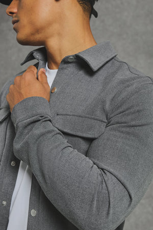 Woven Popper Overshirt in Grey Marl