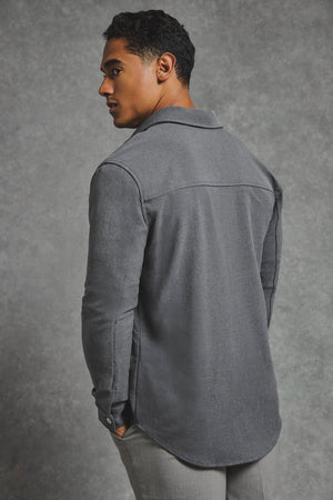 Woven Popper Overshirt in Grey Marl